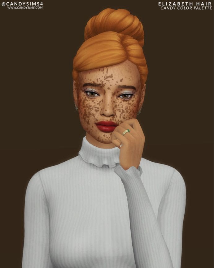 redhead sim with a thick high bun hairstyle