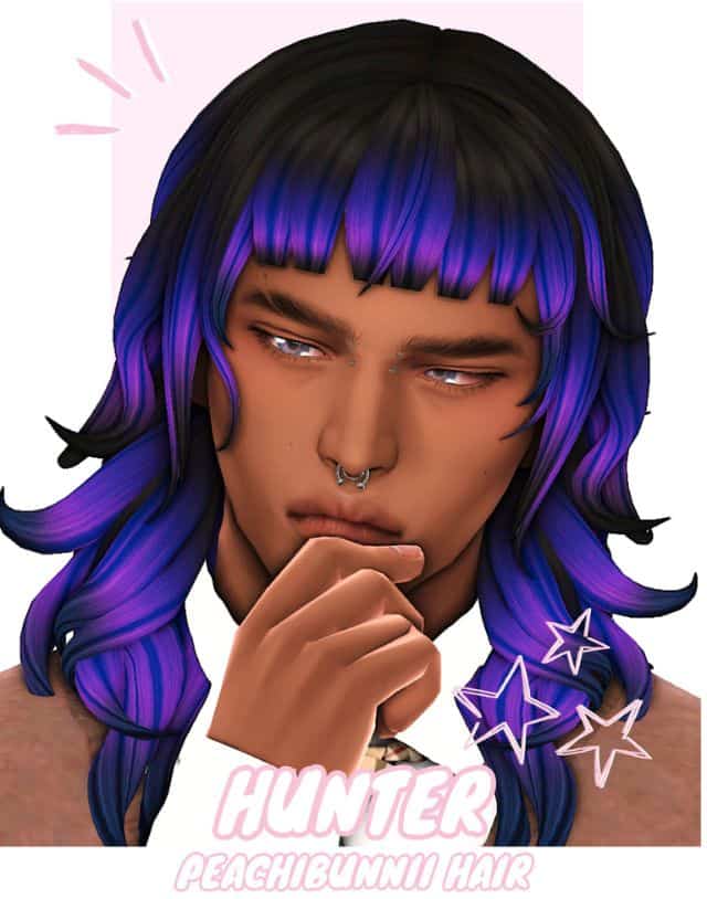 male sim with layered black and blue-purple hair with bangs