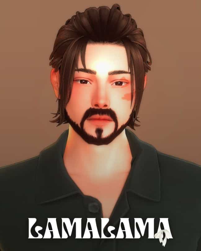 male sim with a half up low bun and loose strands