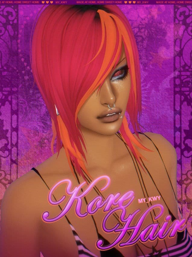 female sim with a pink-orange asymmetrical hairstyle
