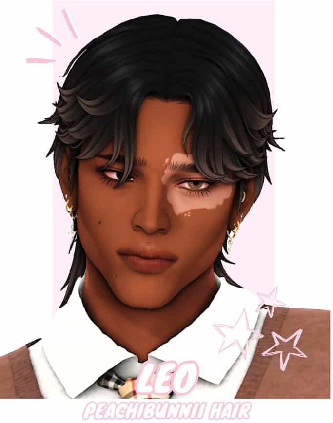 male sim with curtain bangs and short layered hairstyle