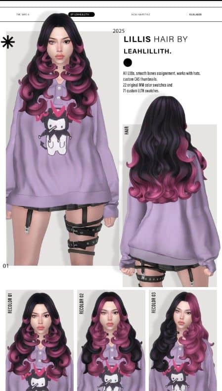 female sim with long two-tone hair shown in different color options