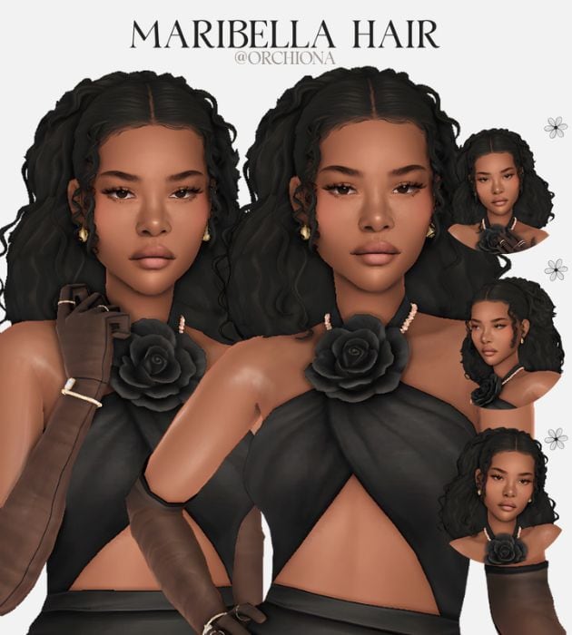 black female sim with a voluminous curly ponytail