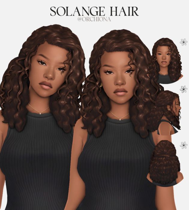 black female sim with shoulder length curly hair