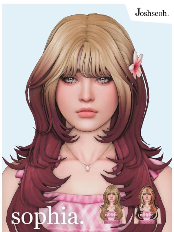 female sim with blond and burgundy hair