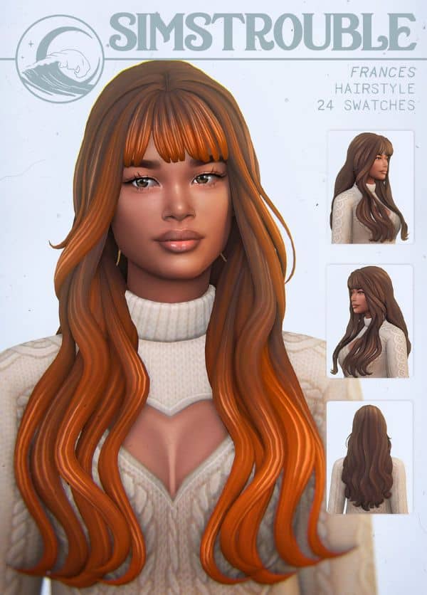 female sim with long two tone hair and bangs