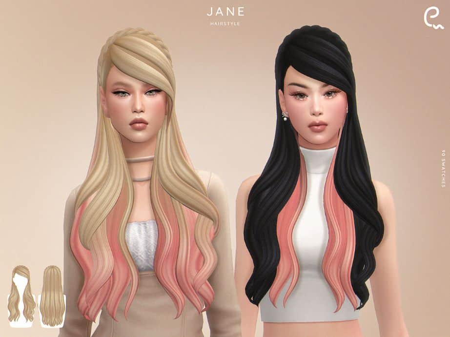 female sims with long two tone hair with a braid on top