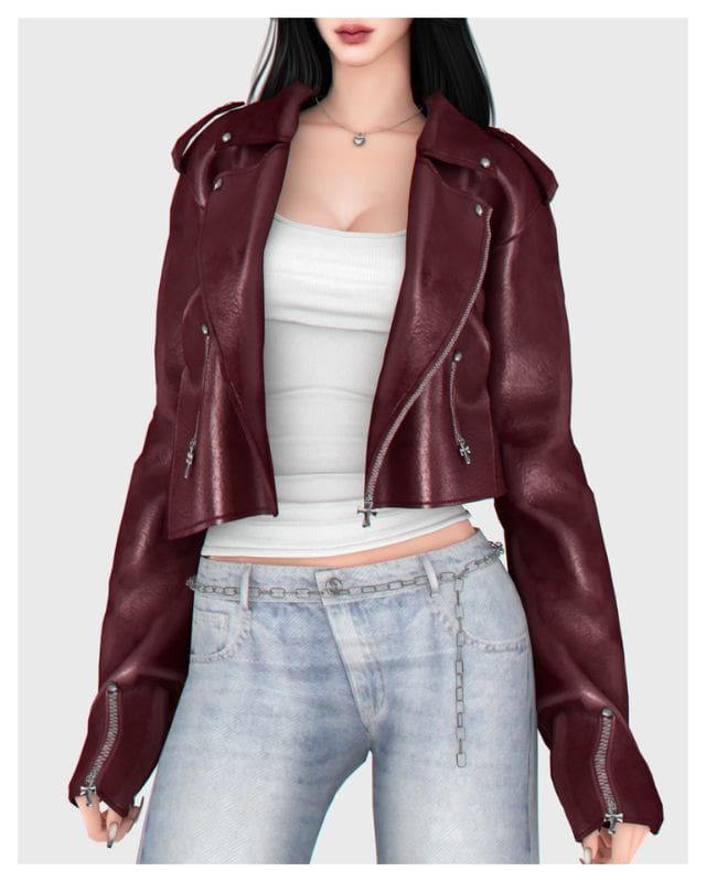 close of a sim wearing a burgundy leather jacket