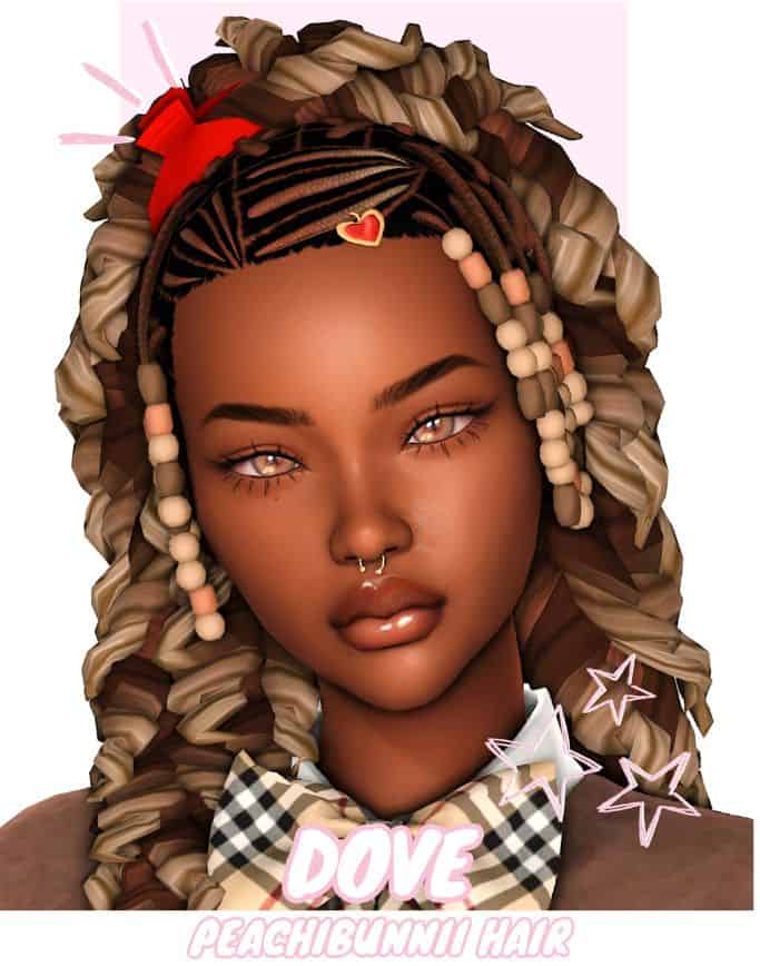 black female sim with braided cornrows and thick multi-tone curls down the back