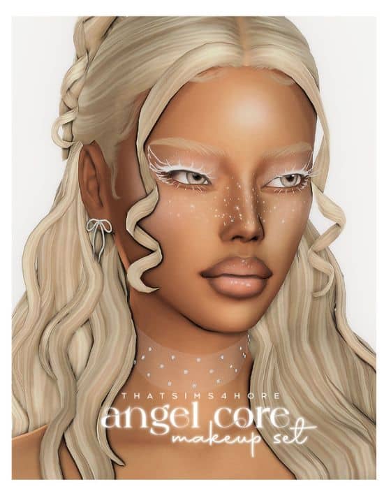 female sim with white, angel-themed makeup