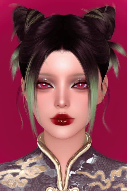 edgy female sim with shiny deep red lipstick and glittery eyeshadown