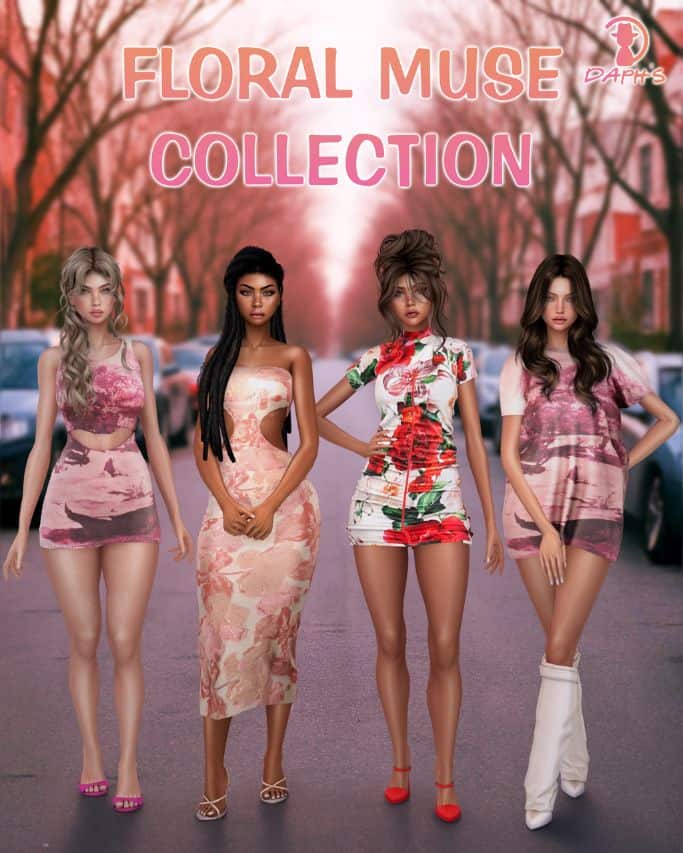 four female sims wearing floral-inspired dresses