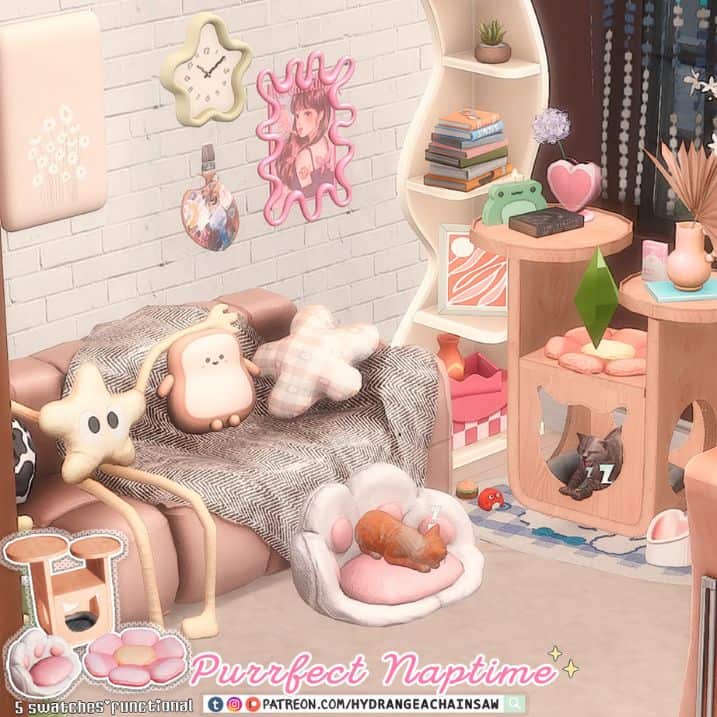 sims cats lounging in a cozy room