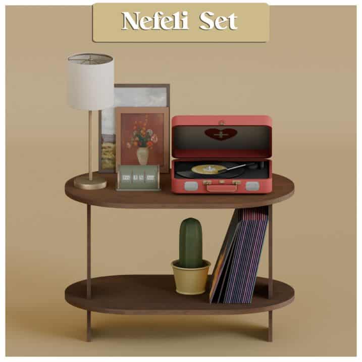 a small two-later table with mixed decor pieces on it