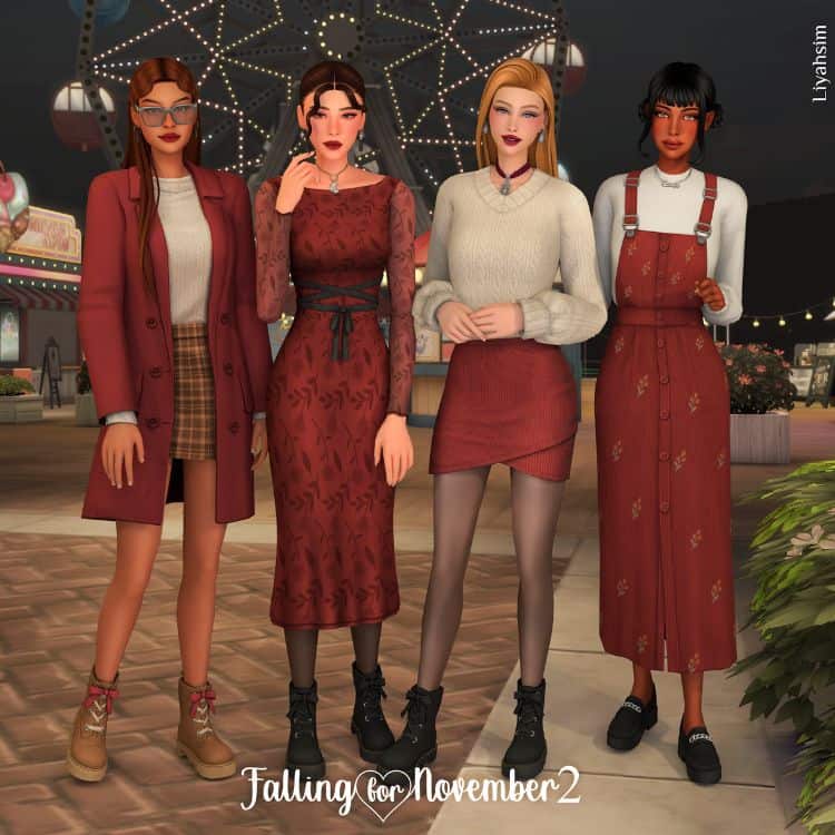 female sims dressed in white and red outfits