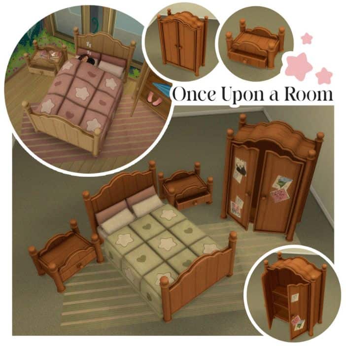 a wooden bedroom set with start and heart bedding