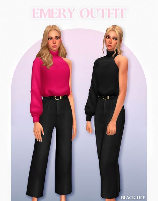 female sims wearing one-sleeve turtleneck sweaters with black fitted pants