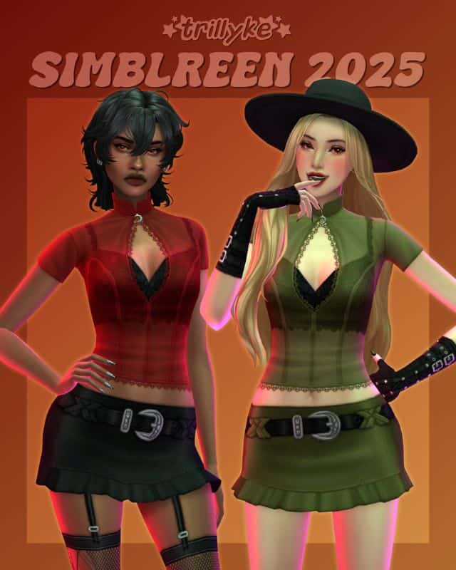 female sims wearing short sleeve mesh top and mini skirts