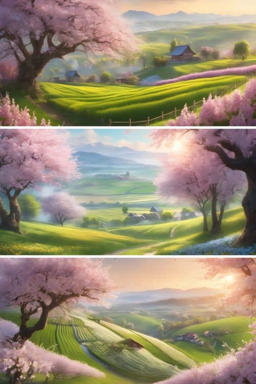 lush green valleys with cherry blossom trees