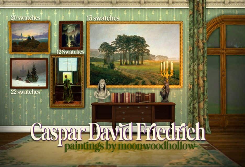a wall covered in Caspar David Friedrich inspired paintings