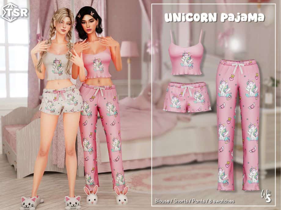 female sims wearing unicorn themed pajama sets