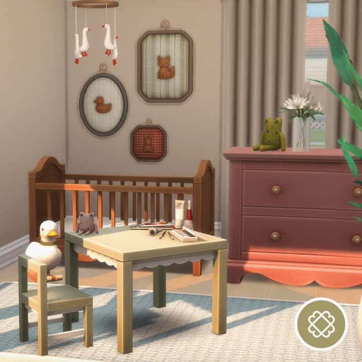 a nursey with duck and frog themed toys and accessories