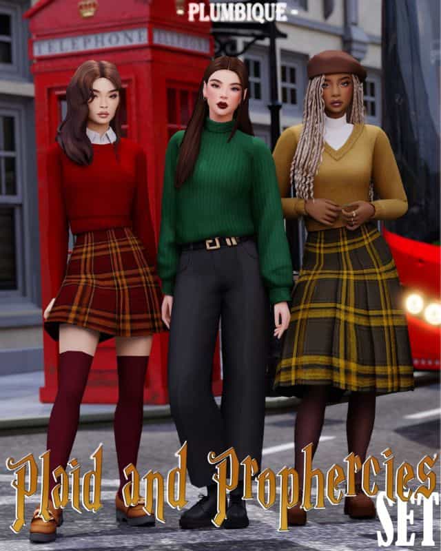 three female sims wearing cozy outfits, with plaid