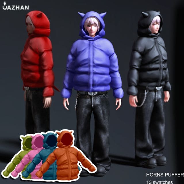 sims wearing different color puffer jackets with horns on the hood
