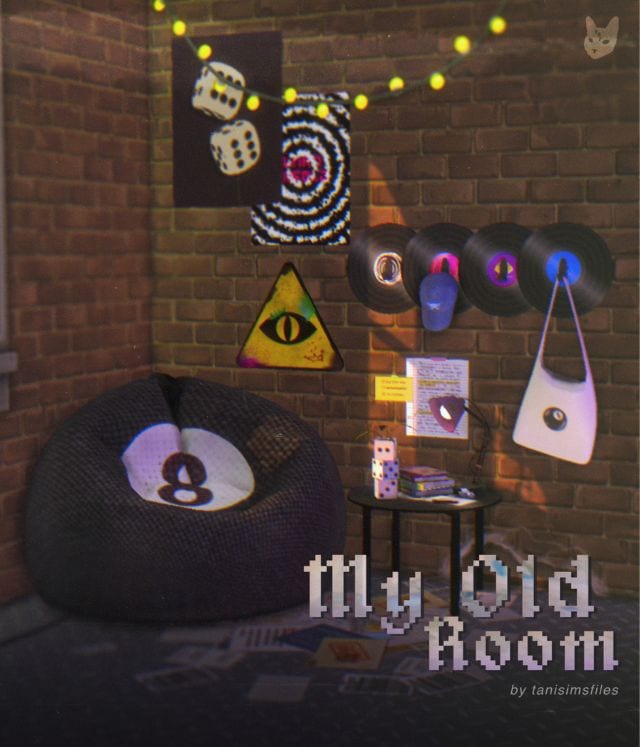 a brick room with vinyl clothing rack and other decor pieces