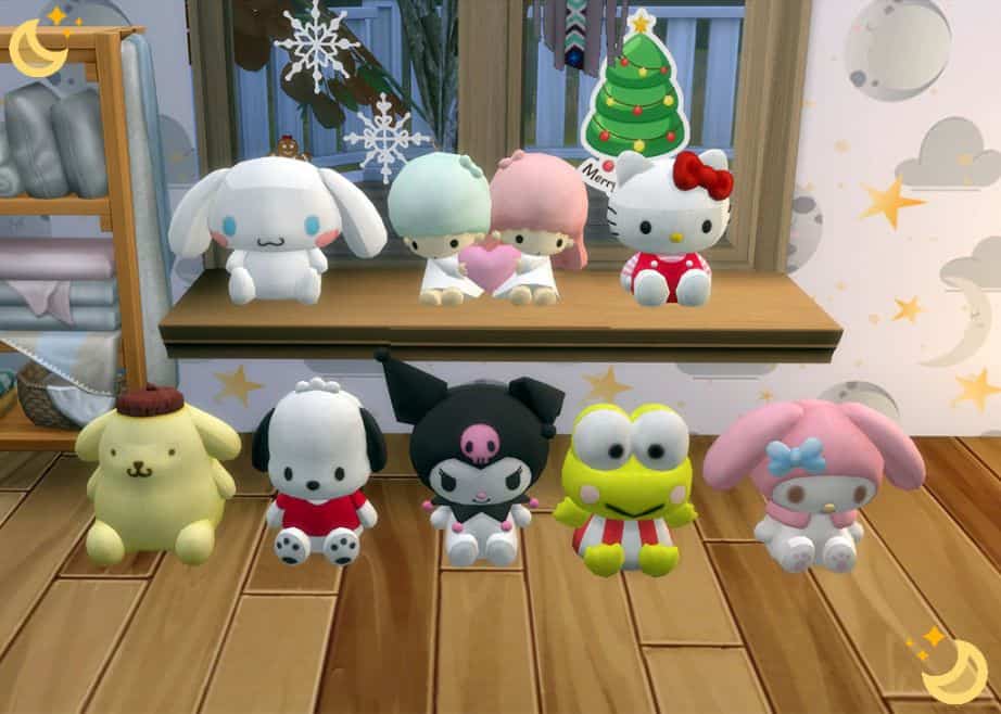 three Sanrio themed plushies on the floor