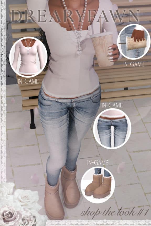 close up of a female sim dressed in a white top and jeans
