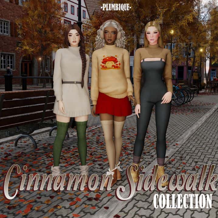 three female sims dressed in different Autumn outfits