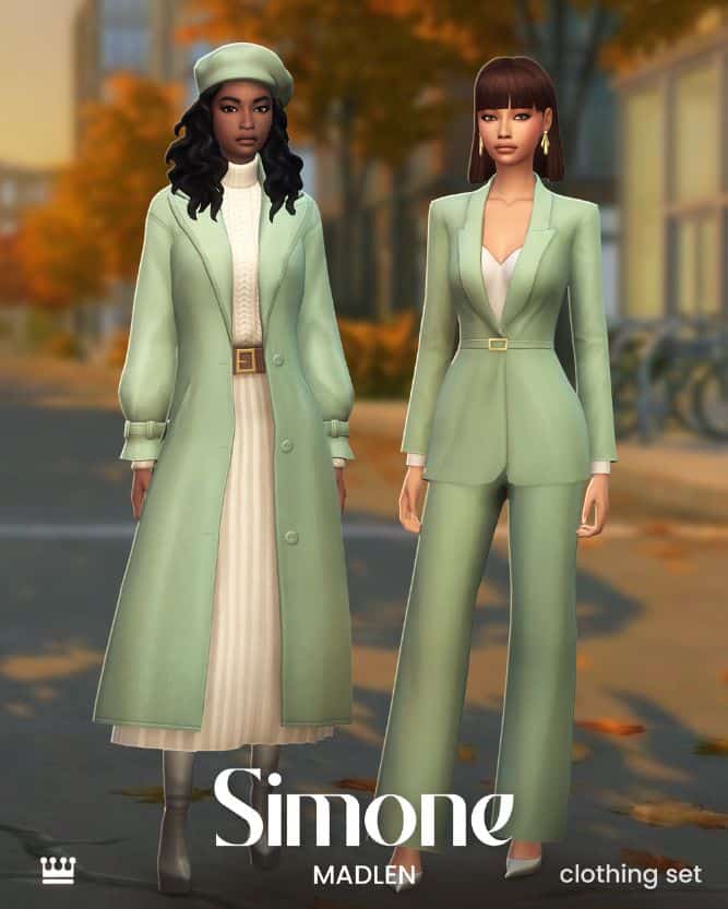 female sims wearing chic clothes in white and light green
