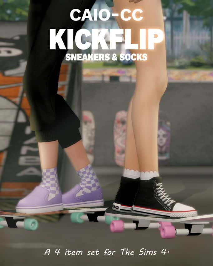 close up of sims wearing sneakers while balancing on a skateboards