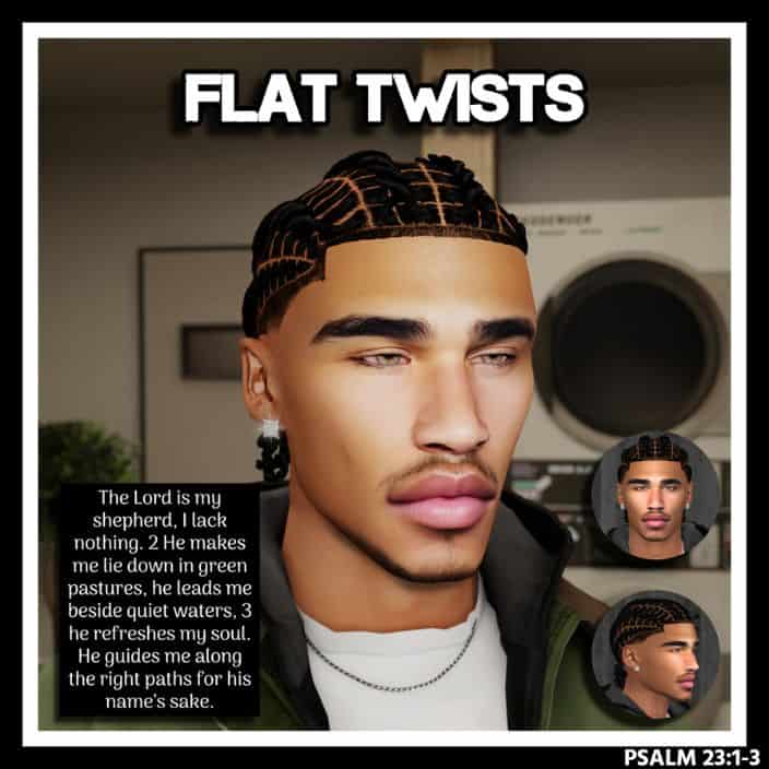 black male sim with a flat twists hairstyle