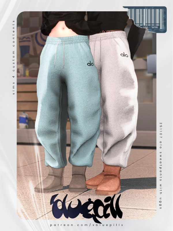 close up of sims wearing sweatpants and UGG boots