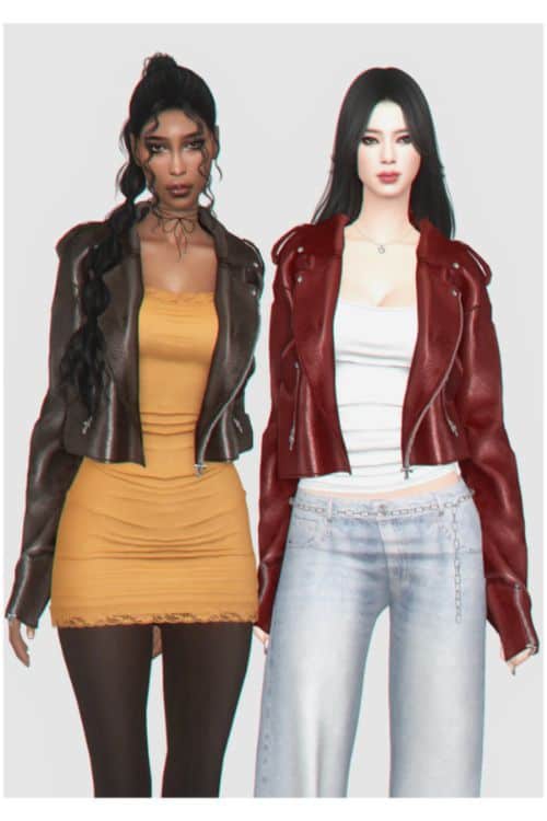 female sims wearing leather jackets and stylish clothes