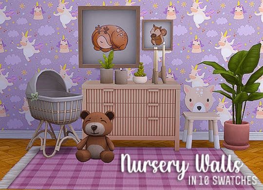 a nursery with purple wallpaper with unicorns