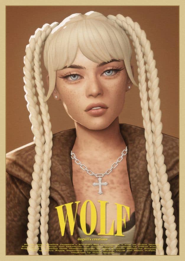 blond female sim with double braided side pigtails