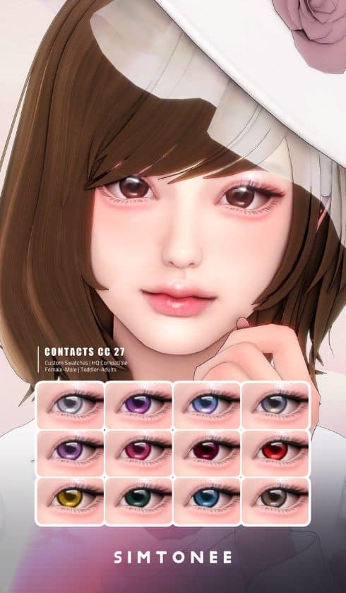 female sim with deep brown eye contacts with reflective shine at the top