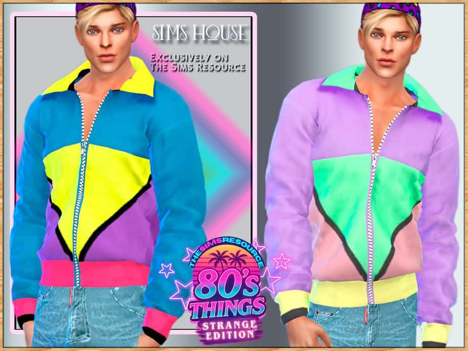 male sims wearing colorful 80s zippered jackets