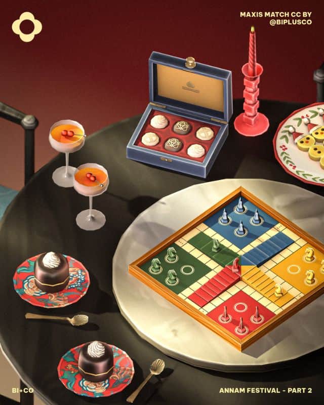 a table topped with a game board, food items and a candle
