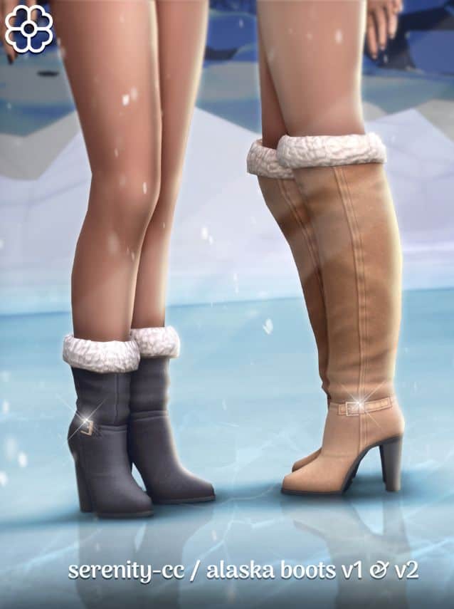 close up of two sims wearing different styles of high heel winter boots