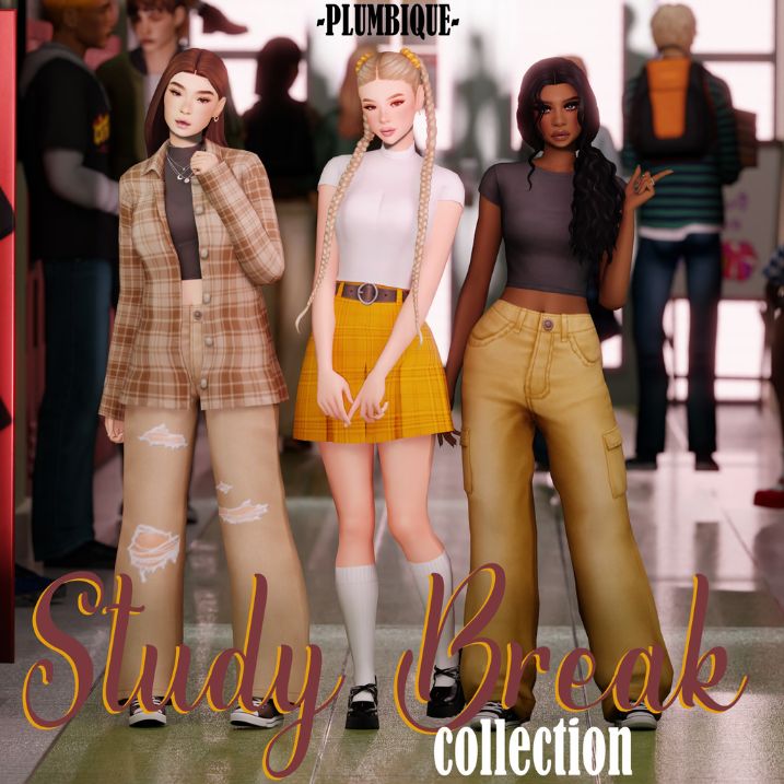 three female sims dressed for school