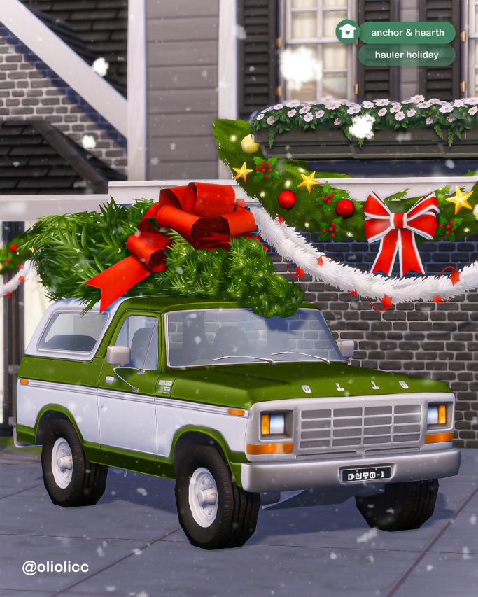 a green and white Bronco with a Christmas tree on top
