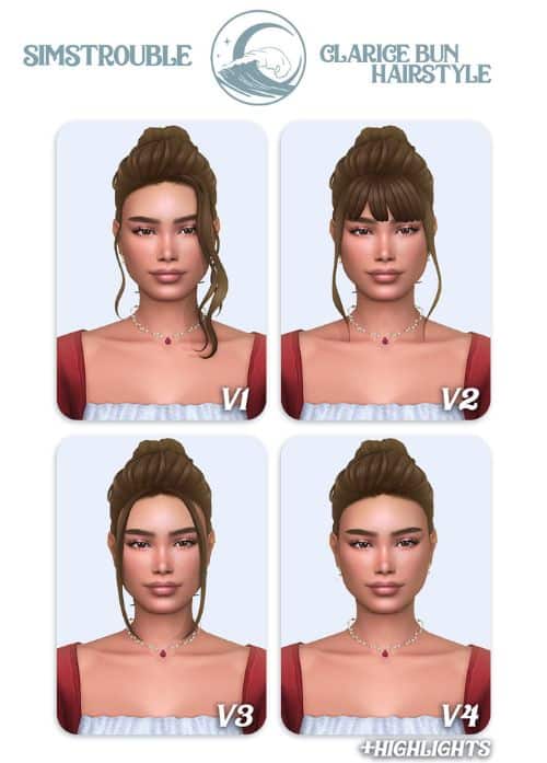 collage of female sims with bun hairstyles in different versions