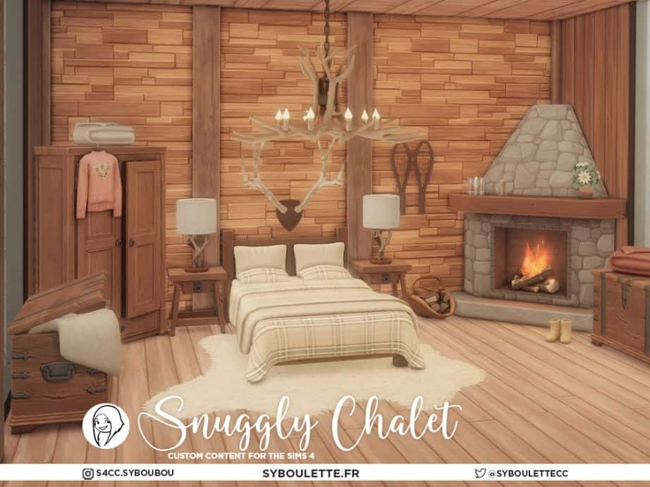 a chalet bedroom with a lit fireplace in the corner