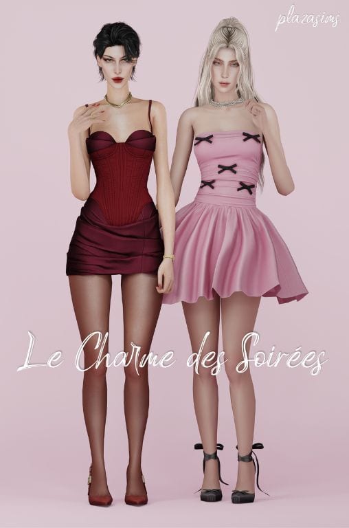 two female sims wearing short evening dresses