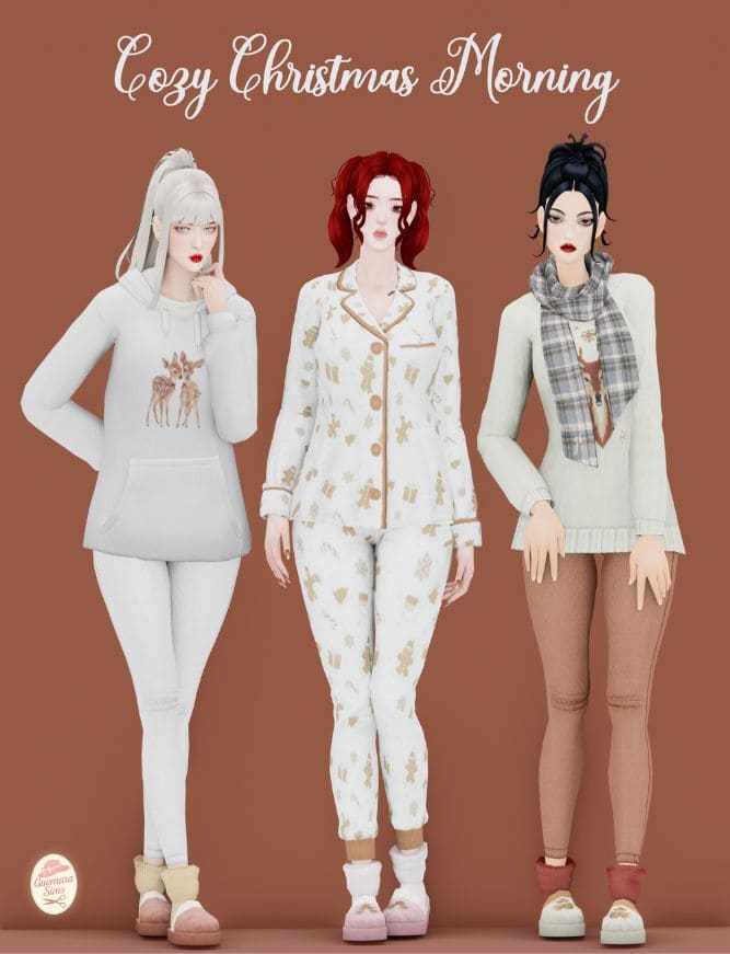 female sims dressed in cozy Christmas clothes