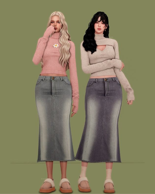 female sims wearing turtleneck style tops and jean skirts